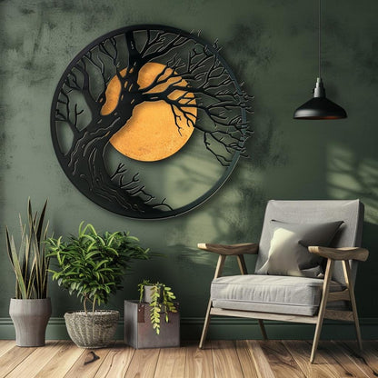 Round Tree Moon Metal Wall Art Nature Inspired Circular Tree of Life Wall Decor Modern Boho Rustic Living Room Bedroom Outdoor Garden Gift