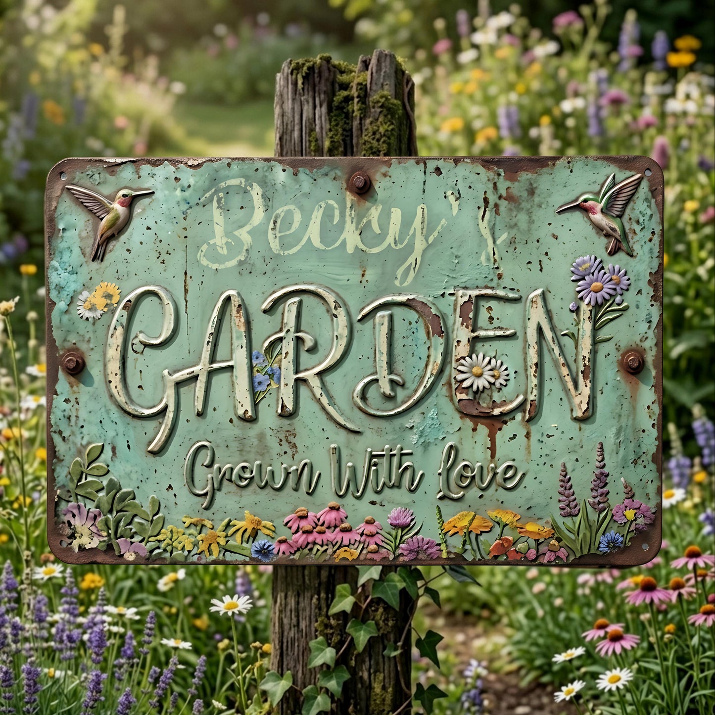 Personalized Metal Garden Sign, Custom Name Garden Plaque, Mint Green Rustic Farmhouse Decor, Hummingbird Yard Art Gift for Gardener Mom