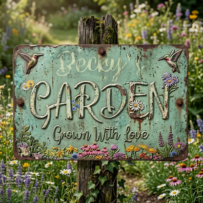 Personalized Metal Garden Sign, Custom Name Garden Plaque, Mint Green Rustic Farmhouse Decor, Hummingbird Yard Art Gift for Gardener Mom