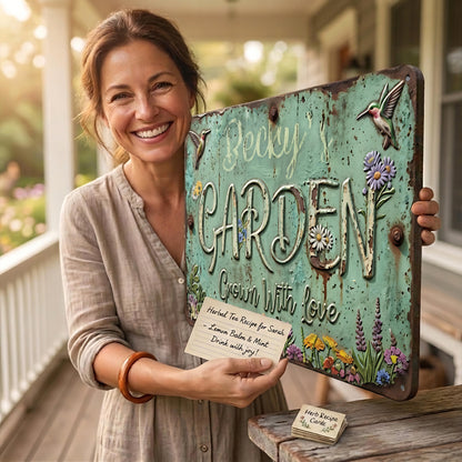 Personalized Metal Garden Sign, Custom Name Garden Plaque, Mint Green Rustic Farmhouse Decor, Hummingbird Yard Art Gift for Gardener Mom