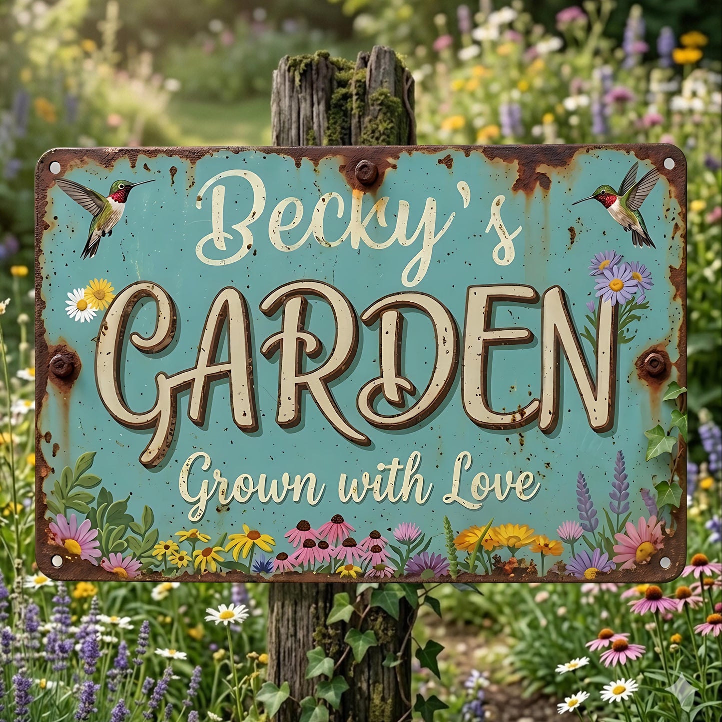 Personalized Metal Garden Sign, Custom Name Garden Plaque, Mint Green Rustic Farmhouse Decor, Hummingbird Yard Art Gift for Gardener Mom