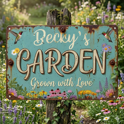Personalized Metal Garden Sign, Custom Name Garden Plaque, Mint Green Rustic Farmhouse Decor, Hummingbird Yard Art Gift for Gardener Mom