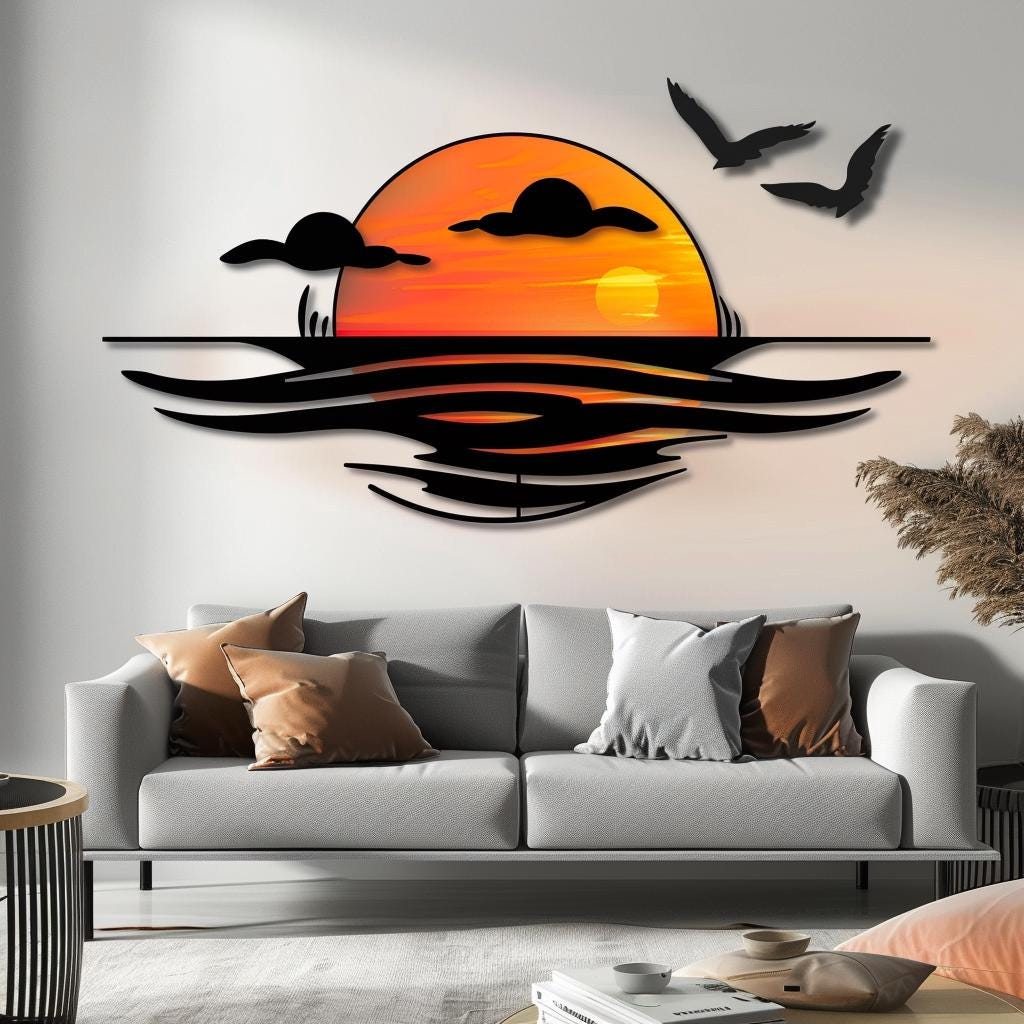 Sunset Seagull Metal Wall Art Ocean Sunrise Wall Decor Coastal Beach House Metal Sign Nautical Wall Hanging Housewarming Gift