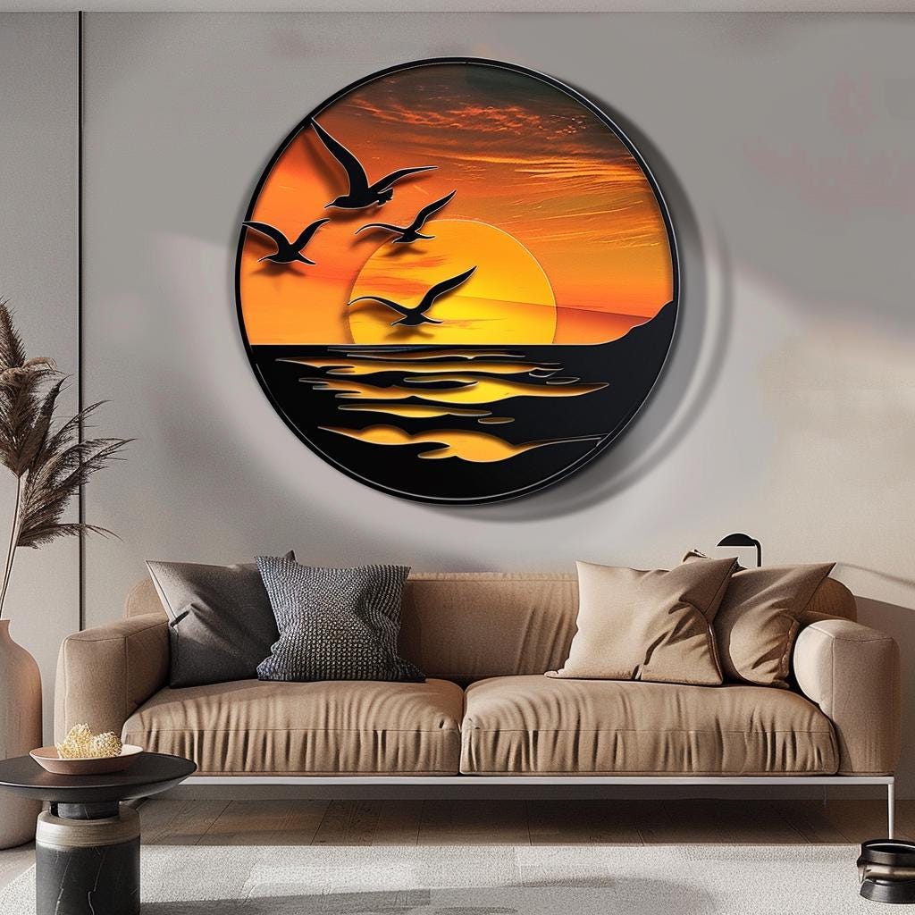 Sunset Seagull Metal Wall Art Ocean Sunrise Wall Decor Coastal Beach House Metal Sign Nautical Wall Hanging Housewarming Gift
