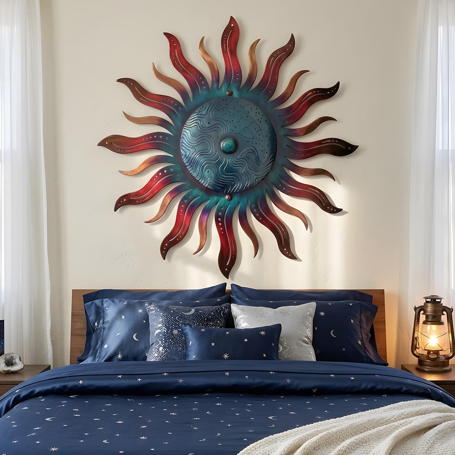 Metal Sun Wall Art Blue Green Celestial Decor Outdoor Garden Patio Hanging Aluminum UV Printed Sun Sign Rustic Wall Hanging for Fence Porch