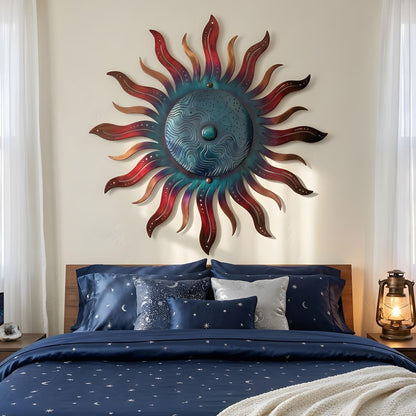 Metal Sun Wall Art Blue Green Celestial Decor Outdoor Garden Patio Hanging Aluminum UV Printed Sun Sign Rustic Wall Hanging for Fence Porch
