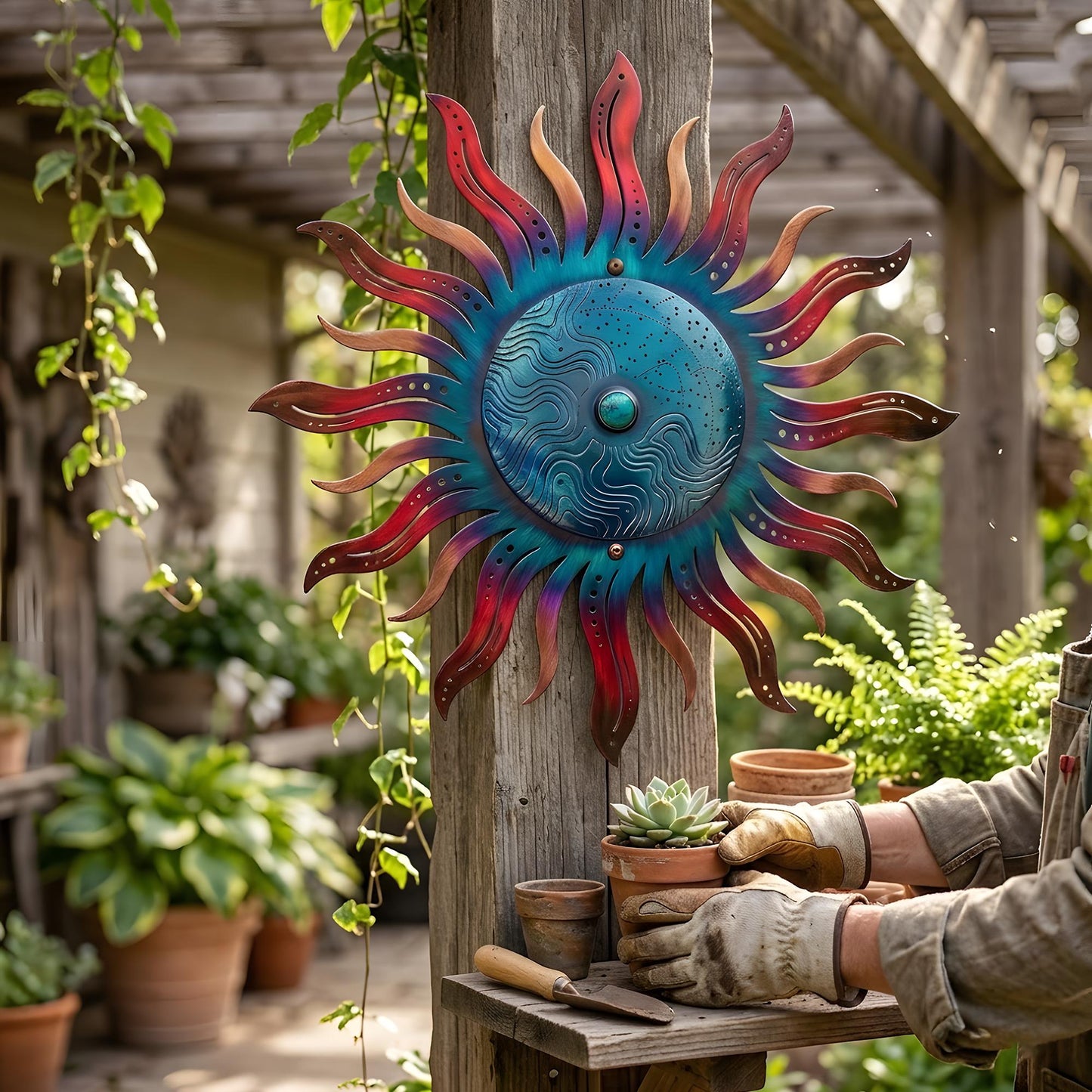 Metal Sun Wall Art Blue Green Celestial Decor Outdoor Garden Patio Hanging Aluminum UV Printed Sun Sign Rustic Wall Hanging for Fence Porch