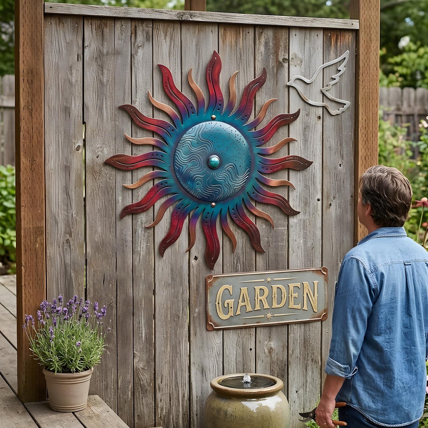 Metal Sun Wall Art Blue Green Celestial Decor Outdoor Garden Patio Hanging Aluminum UV Printed Sun Sign Rustic Wall Hanging for Fence Porch