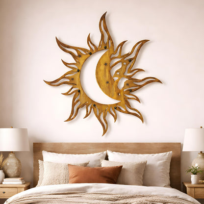 Metal Sun Moon Wall Art Blue Celestial Decor Outdoor Garden Patio Hanging Aluminum UV Printed Moon and Sun Sign for Patio Gift