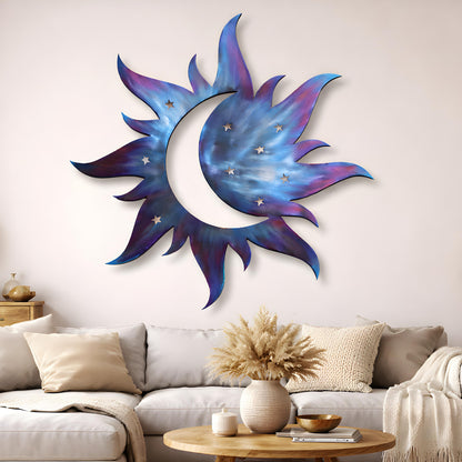 Metal Sun Moon Wall Art Blue Celestial Decor Outdoor Garden Patio Hanging Aluminum UV Printed Moon and Sun Sign for Patio Gift