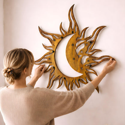 Metal Sun Moon Wall Art Blue Celestial Decor Outdoor Garden Patio Hanging Aluminum UV Printed Moon and Sun Sign for Patio Gift