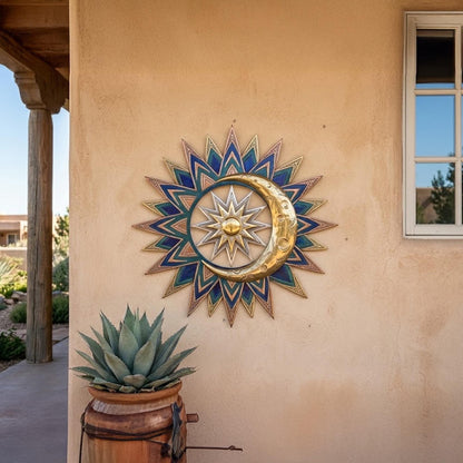 Metal Sun Moon Wall Art Outdoor Metal Sun Decor Boho Celestial Wall Hanging for Garden Patio Home Aluminum UV Printed Metal Sign Unique