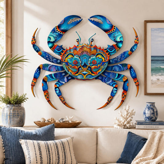 Colorful Crab Metal Wall Art, Coastal Ocean Crab Decor, Nautical Beach House Wall Art, Blue Crab Sign for Living Room, Patio Wall Decor