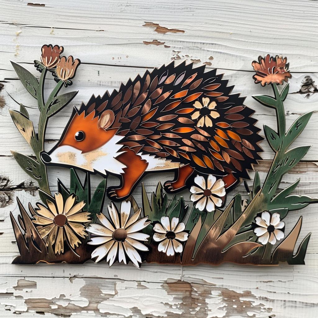 Hedgehog Metal Wall Art, Woodland Animal Decor, Rustic Garden Hedgehog Sign, Cute Floral Wall Art for Patio, Nursery, Farmhouse Gift Decor