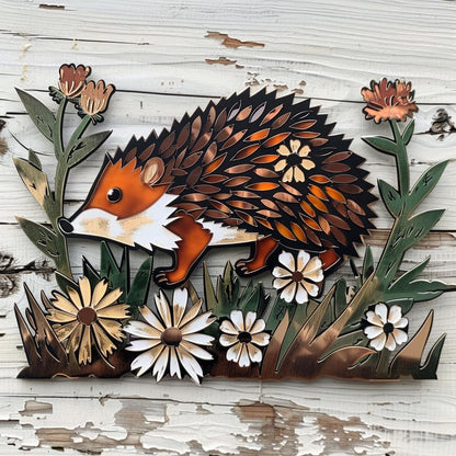 Hedgehog Metal Wall Art, Woodland Animal Decor, Rustic Garden Hedgehog Sign, Cute Floral Wall Art for Patio, Nursery, Farmhouse Gift Decor