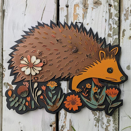 Hedgehog Metal Wall Art, Woodland Animal Decor, Rustic Garden Hedgehog Sign, Cute Floral Wall Art for Patio, Nursery, Farmhouse Gift Decor