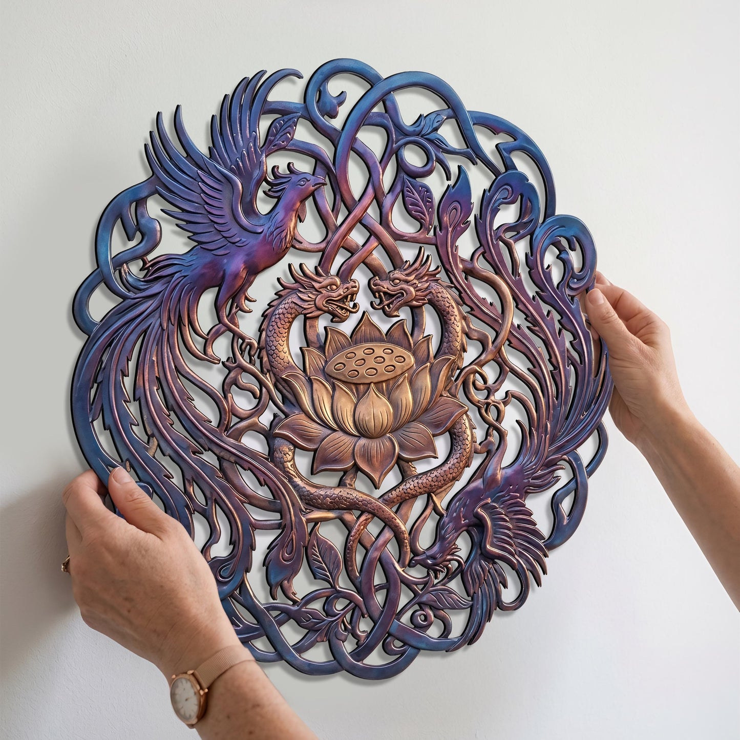 Handmade Metal Wall Decor, Lotus Flower Phoenix Dragon Metal Sign, Large Wall Art for Garden, Patio, Entryway, Outdoor Home Decor