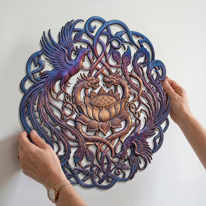 Handmade Metal Wall Decor, Lotus Flower Phoenix Dragon Metal Sign, Large Wall Art for Garden, Patio, Entryway, Outdoor Home Decor