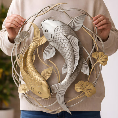 Silver Gold Koi Fish Metal Wall Decor, Handmade Fish Wall Art, Garden Hanging Sign for Entryway Porch Patio Living Room Yard Home Decor