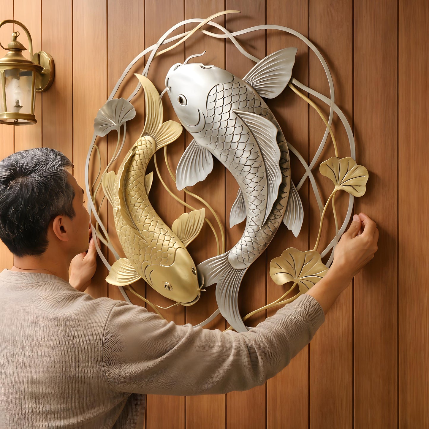 Silver Gold Koi Fish Metal Wall Decor, Handmade Fish Wall Art, Garden Hanging Sign for Entryway Porch Patio Living Room Yard Home Decor