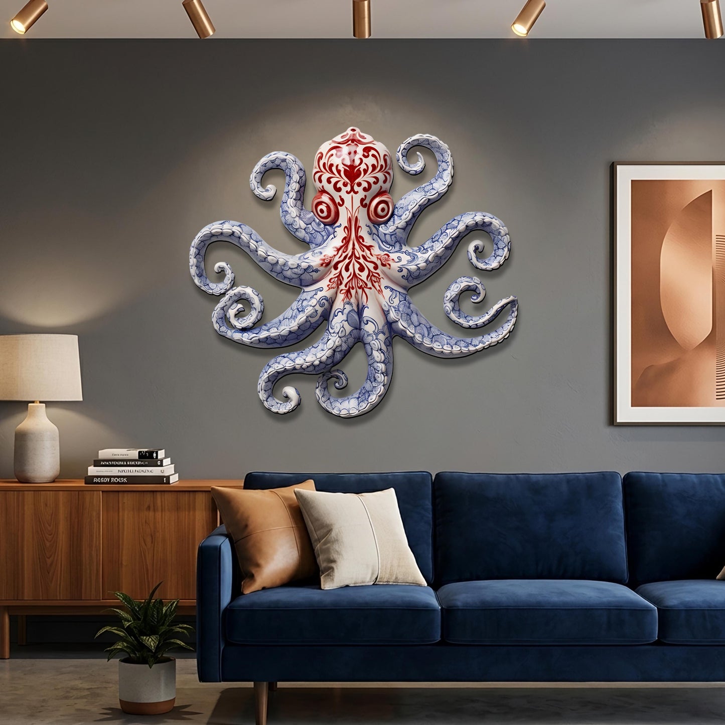 Blue and White Octopus Metal Wall Art, Nautical Coastal Decor, 2D UV Painted Metal Sign, Ocean-Themed Home Wall Hanging Gift