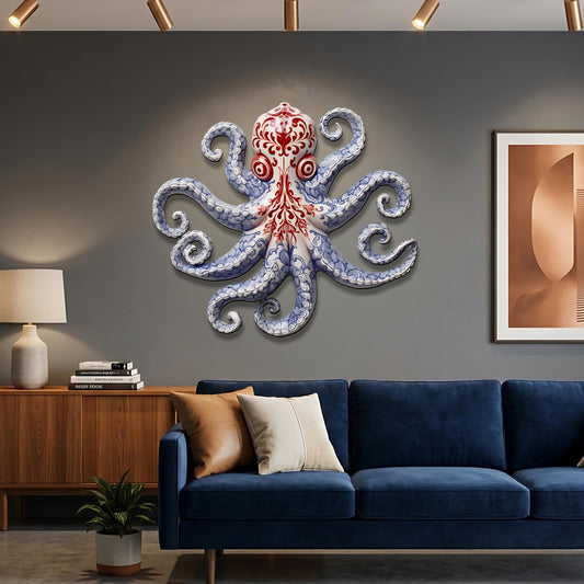 Blue and White Octopus Metal Wall Art, Nautical Coastal Decor, 2D UV Painted Metal Sign, Ocean-Themed Home Wall Hanging Gift