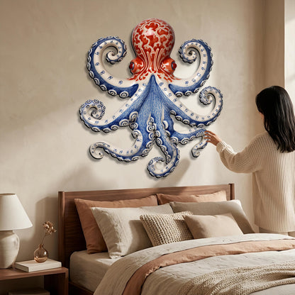 Blue and White Octopus Metal Wall Art, Nautical Coastal Decor, 2D UV Painted Metal Sign, Ocean-Themed Home Wall Hanging Gift