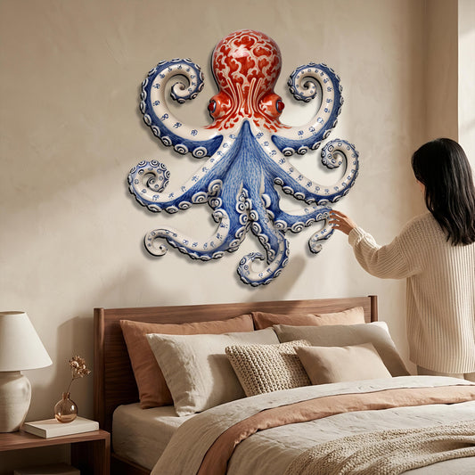 Blue and White Octopus Metal Wall Art, Nautical Coastal Decor, 2D UV Painted Metal Sign, Ocean-Themed Home Wall Hanging Gift