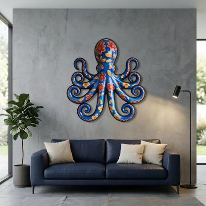 Blue and White Octopus Metal Wall Art, Nautical Coastal Decor, 2D UV Painted Metal Sign, Ocean-Themed Home Wall Hanging Gift