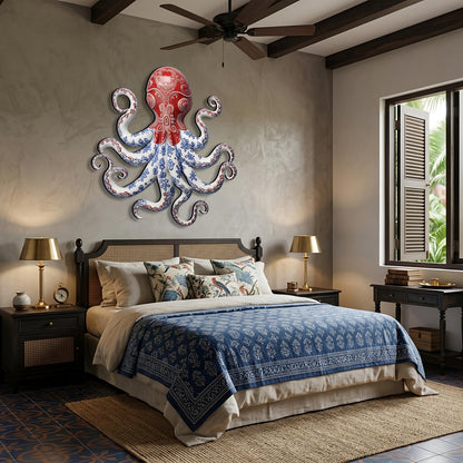Blue and White Octopus Metal Wall Art, Nautical Coastal Decor, 2D UV Painted Metal Sign, Ocean-Themed Home Wall Hanging Gift