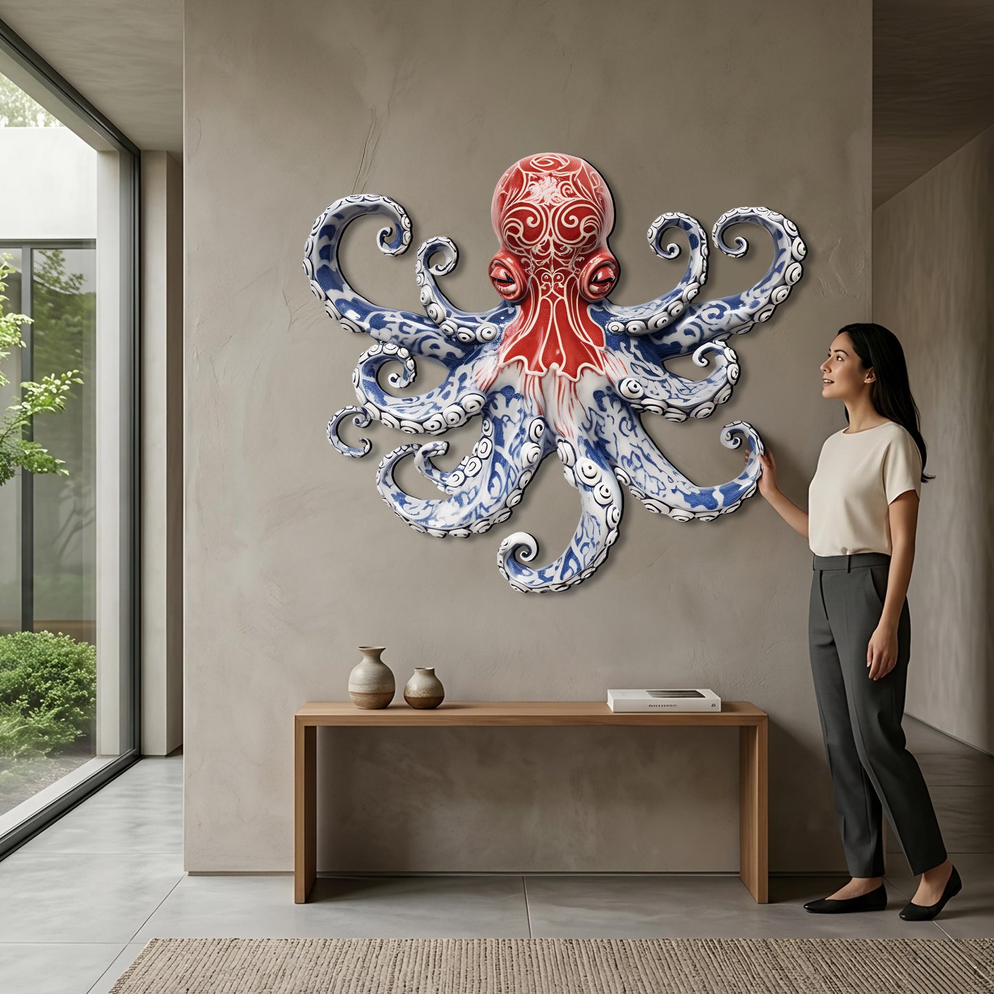 Blue and White Octopus Metal Wall Art, Nautical Coastal Decor, 2D UV Painted Metal Sign, Ocean-Themed Home Wall Hanging Gift