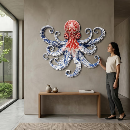 Blue and White Octopus Metal Wall Art, Nautical Coastal Decor, 2D UV Painted Metal Sign, Ocean-Themed Home Wall Hanging Gift