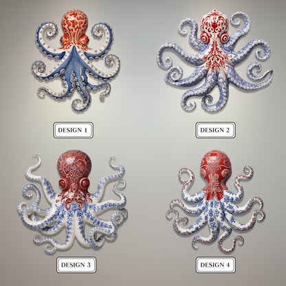 Blue and White Octopus Metal Wall Art, Nautical Coastal Decor, 2D UV Painted Metal Sign, Ocean-Themed Home Wall Hanging Gift