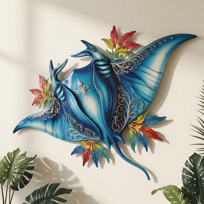 Tropical Manta Ray Metal Wall Art, Coastal Ocean Decor with Hibiscus Flowers, Beach House Wall Sign, Nautical Home, Coastal Wall Art