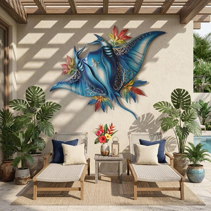 Tropical Manta Ray Metal Wall Art, Coastal Ocean Decor with Hibiscus Flowers, Beach House Wall Sign, Nautical Home, Coastal Wall Art