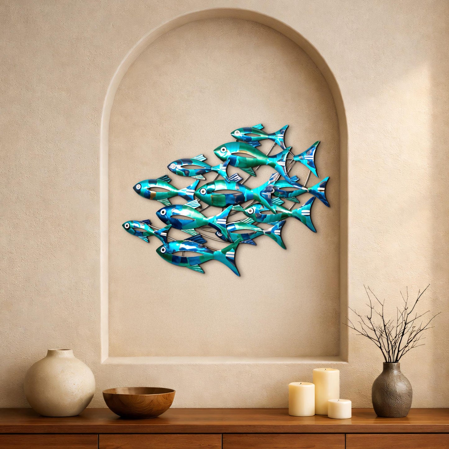 School of Fish Metal Wall Art, Colorful Swimming Fish Sculpture, Teal &amp; Gold Wall Decor, Tropical or Coastal Theme, Outdoor Indoor Accent