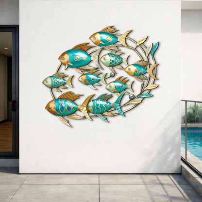 School of Fish Metal Wall Art, Colorful Swimming Fish Sculpture, Teal &amp; Gold Wall Decor, Tropical or Coastal Theme, Outdoor Indoor Accent