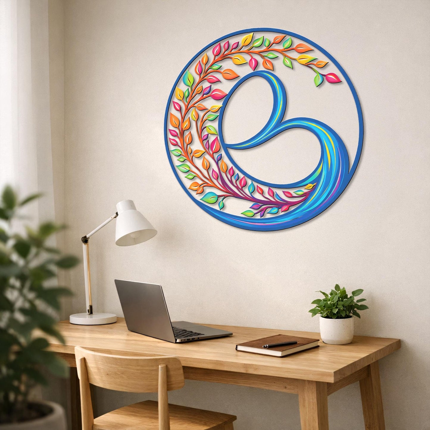 Colorful Crescent Moon Metal Wall Art – Vibrant Leaf Yin Yang Design, 2D Boho Decor, Modern Nature Inspired Steel Wall Hanging Gift