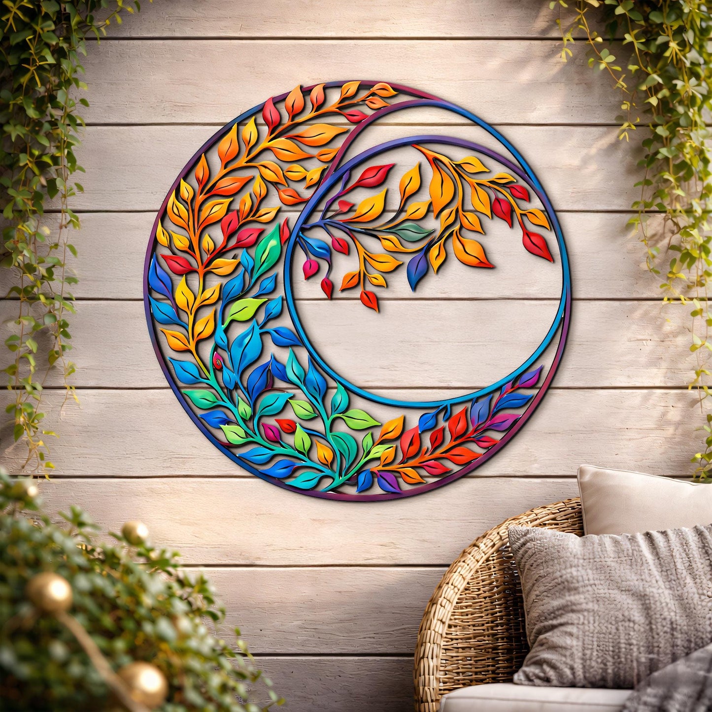 Colorful Crescent Moon Metal Wall Art – Vibrant Leaf Yin Yang Design, 2D Boho Decor, Modern Nature Inspired Steel Wall Hanging Gift