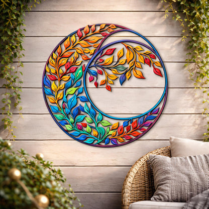 Colorful Crescent Moon Metal Wall Art – Vibrant Leaf Yin Yang Design, 2D Boho Decor, Modern Nature Inspired Steel Wall Hanging Gift