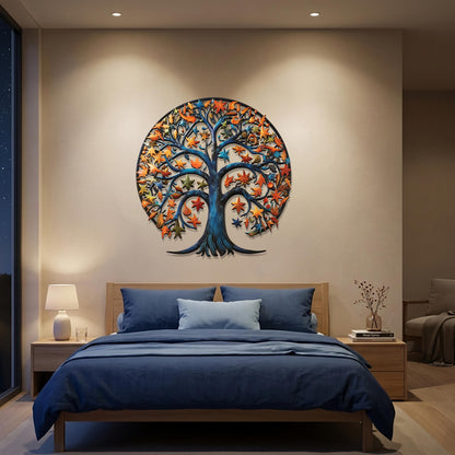 Tree of Life Crescent Moon Metal Wall Art – Celestial Nature Decor, Boho Steel Hanging, Colorful Star Leaves, Unique Home Gift