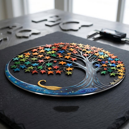 Tree of Life Crescent Moon Metal Wall Art – Celestial Nature Decor, Boho Steel Hanging, Colorful Star Leaves, Unique Home Gift