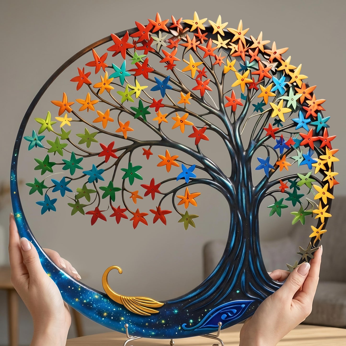 Tree of Life Crescent Moon Metal Wall Art – Celestial Nature Decor, Boho Steel Hanging, Colorful Star Leaves, Unique Home Gift