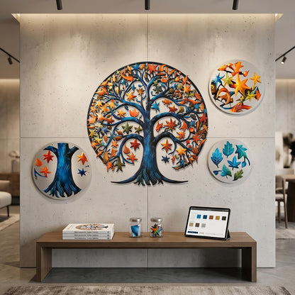 Tree of Life Crescent Moon Metal Wall Art – Celestial Nature Decor, Boho Steel Hanging, Colorful Star Leaves, Unique Home Gift