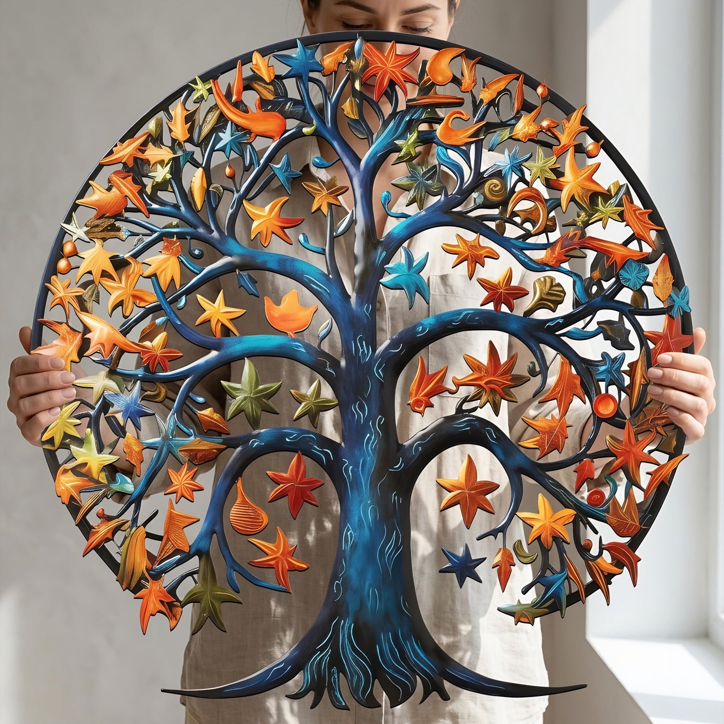 Tree of Life Crescent Moon Metal Wall Art – Celestial Nature Decor, Boho Steel Hanging, Colorful Star Leaves, Unique Home Gift