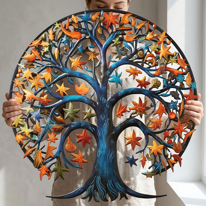 Tree of Life Crescent Moon Metal Wall Art – Celestial Nature Decor, Boho Steel Hanging, Colorful Star Leaves, Unique Home Gift
