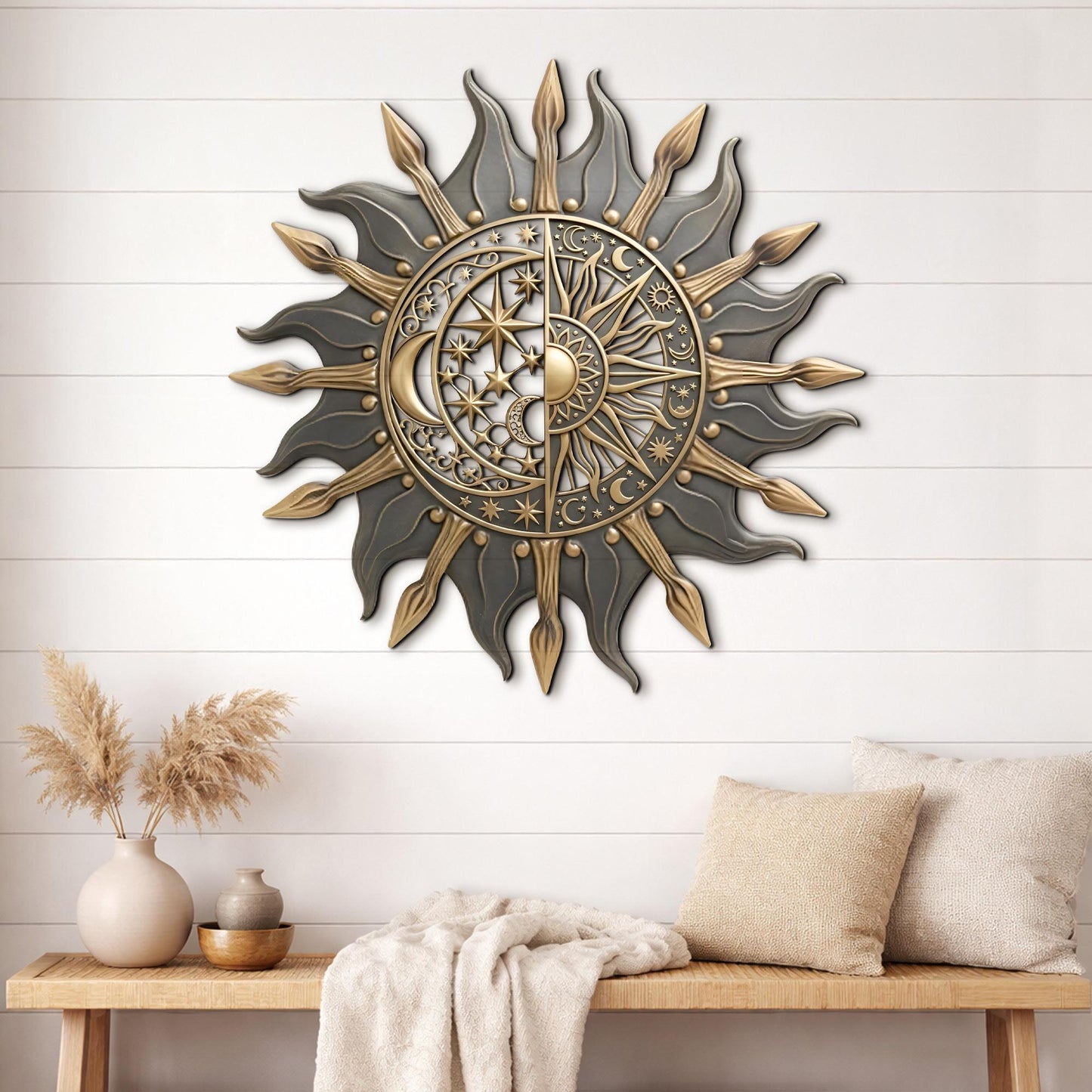 Celestial Sun and Moon Wall Art – Yin Yang Metal Decor, Mystical Cosmic Boho Home Accent, Astrology Inspired Sun Moon Wall Hanging