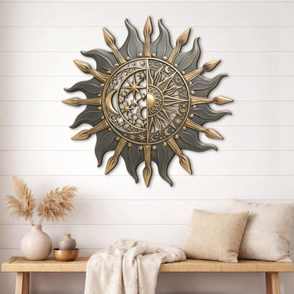 Celestial Sun and Moon Wall Art – Yin Yang Metal Decor, Mystical Cosmic Boho Home Accent, Astrology Inspired Sun Moon Wall Hanging