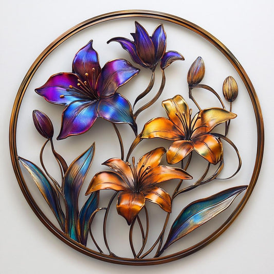 Metal Lily Wall Art Vibrant 2D Floral Circle Decor Iridescent Metal Sign for Home &amp; Garden Colorful Flower Sculpture for Courtyard and Yard