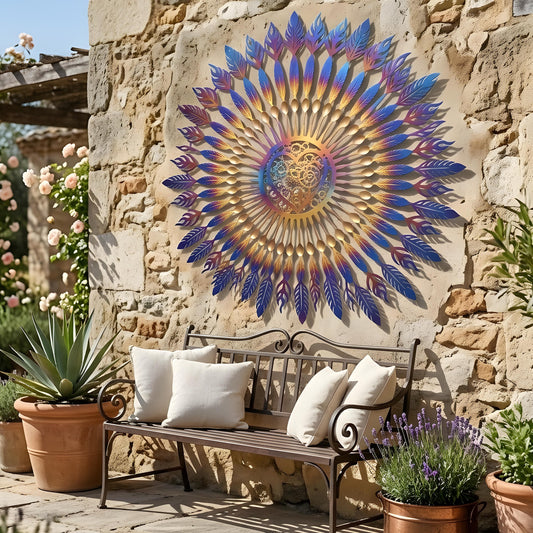 Whimsical Spiral Sun Metal Wall Art - Heat Colored, Colorful Flower Patio &amp; Garden Decor Unique Outside Wall Decor for Home Garden